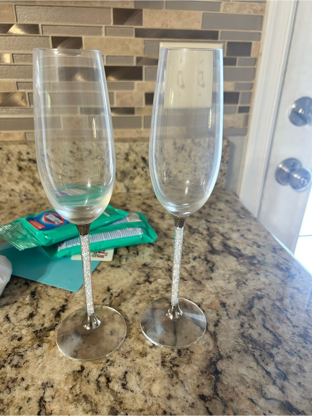 Swarovski Clear Champagne Flutes with Sparkling Silver Stems
